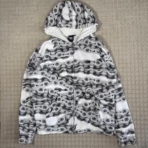 Y2K DC Shoes Bike Chain All Over Print Full Zip Hoodie L